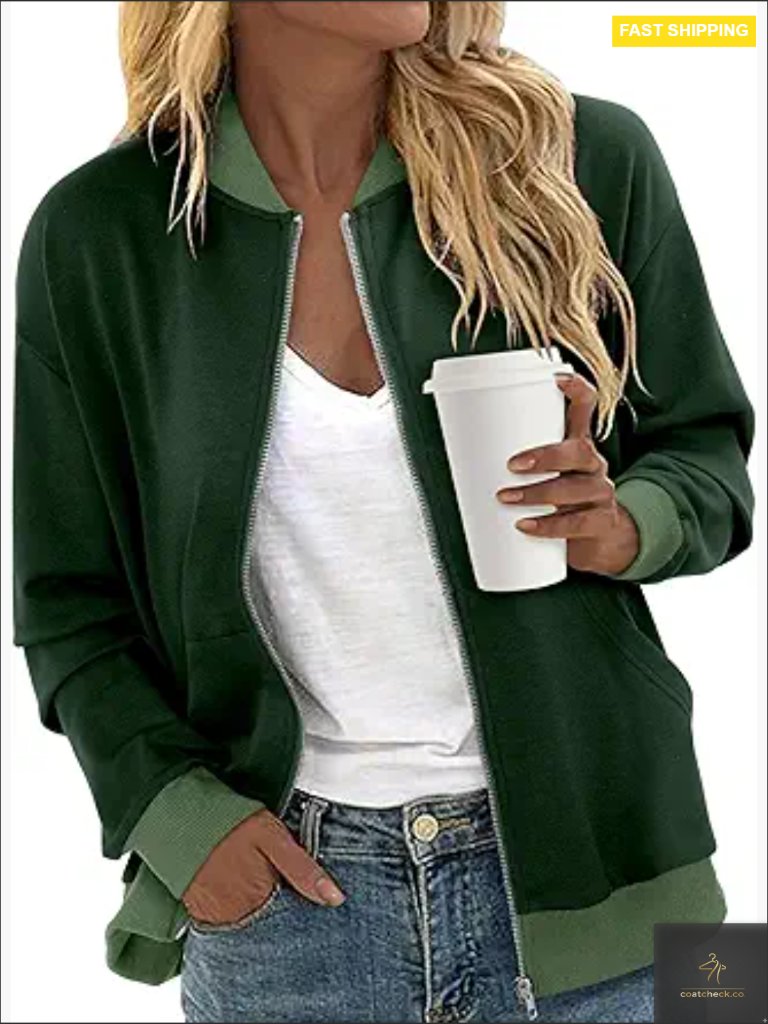 Zip Up Bomber Jacket Long Sleeve Casual Fall Coat Windbreaker With Pockets S-Xxl